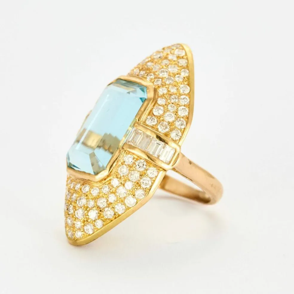 Bague Marquise or jaune aigue marine diamants