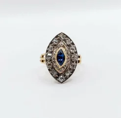 Bague marquise or rose et argent, saphir et diamants taille ancienne (circa 1900)