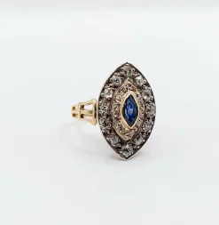 Bague marquise or rose et argent, saphir et diamants taille ancienne (circa 1900)