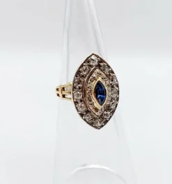 Bague marquise or rose et argent, saphir et diamants taille ancienne (circa 1900)