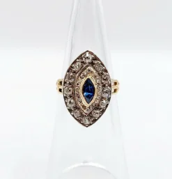 Bague marquise or rose et argent, saphir et diamants taille ancienne (circa 1900)