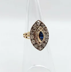 Bague marquise or rose et argent, saphir et diamants taille ancienne (circa 1900)