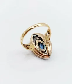 Bague marquise or rose et argent, saphir et diamants taille ancienne (circa 1900)