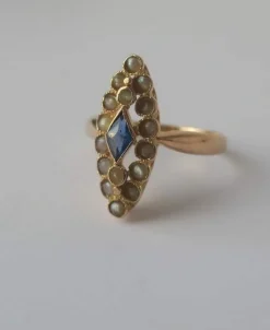 Bague marquise or rose saphir perles