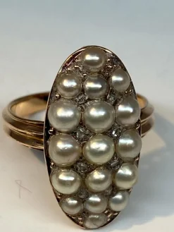 Bague marquise perles fines, diamants