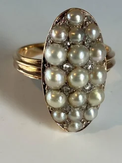 Bague marquise perles fines, diamants