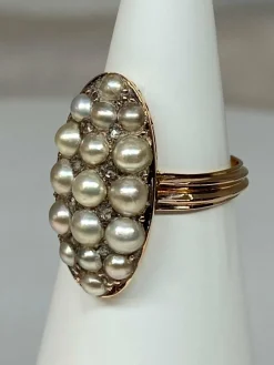 Bague marquise perles fines, diamants