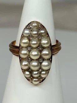 Bague marquise perles fines, diamants