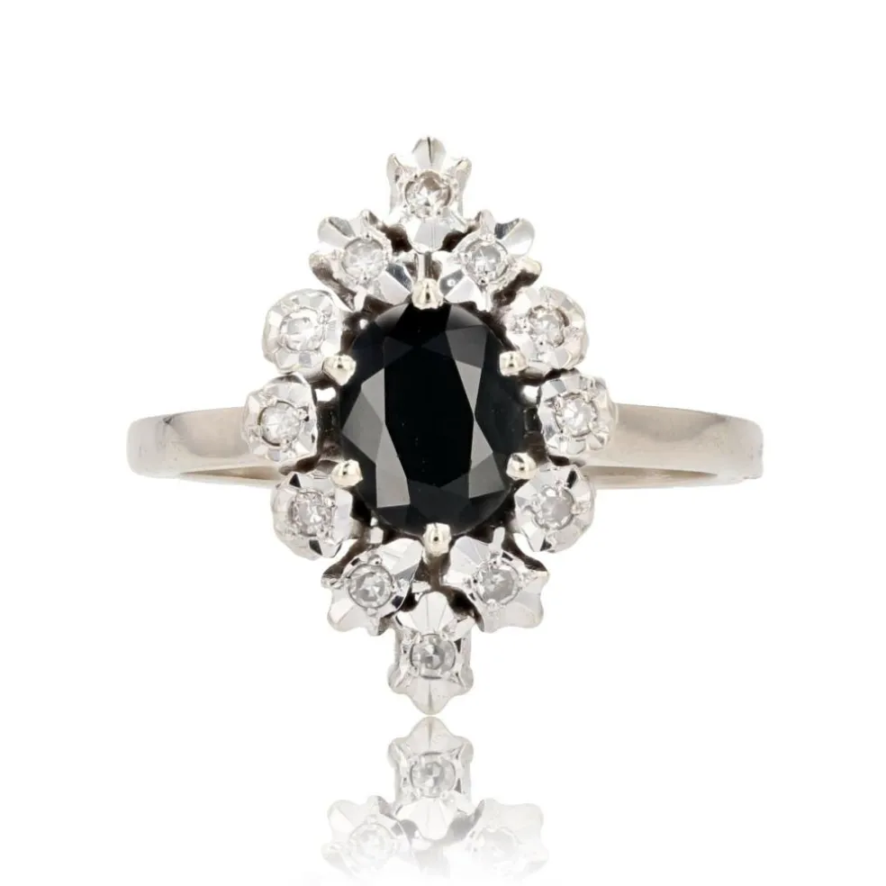 Bague marquise saphir diamants or blanc