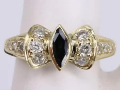 Bague Marquise Saphir et Diamants Art Déco en or jaune
