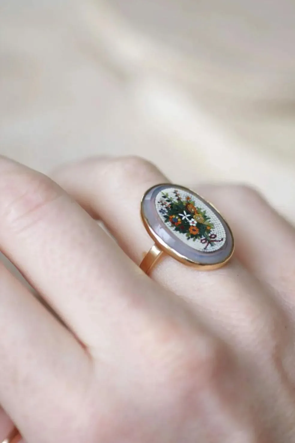 Bague micro mosaïque bouquet fleur or jaune