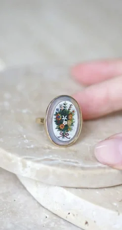 Bague micro mosaïque bouquet fleur or jaune