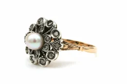 Bague Napoléon III en or jaune et argent, perle et diamants
