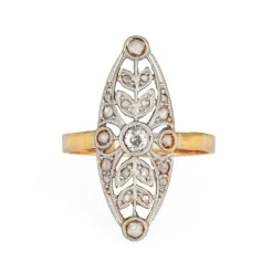 Bague Navette Antique Edwardienne Diamant Couronne Or 18 carats Platine