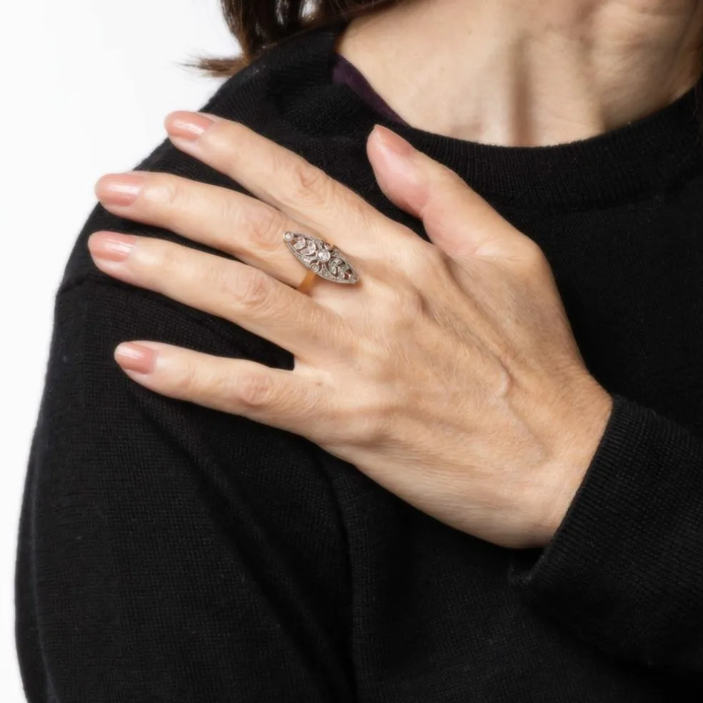 Bague Navette Antique Edwardienne Diamant Couronne Or 18 carats Platine