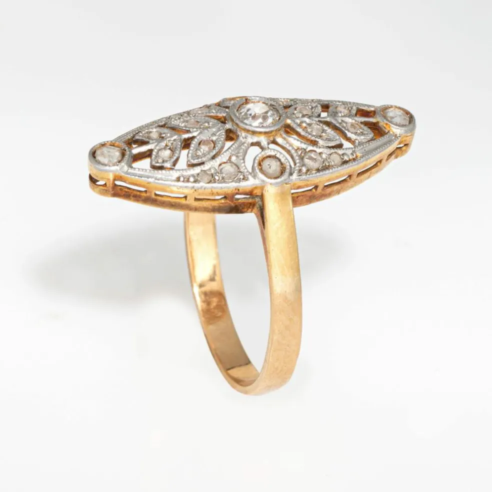 Bague Navette Antique Edwardienne Diamant Couronne Or 18 carats Platine
