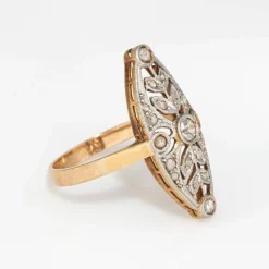 Bague Navette Antique Edwardienne Diamant Couronne Or 18 carats Platine