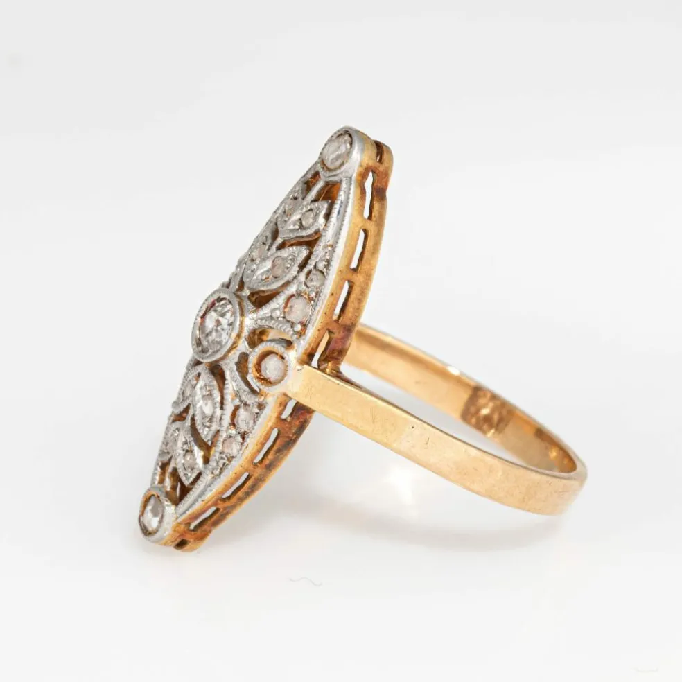 Bague Navette Antique Edwardienne Diamant Couronne Or 18 carats Platine