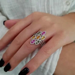 Bague navettes saphirs multicolores diamants or blanc