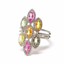Bague navettes saphirs multicolores diamants or blanc