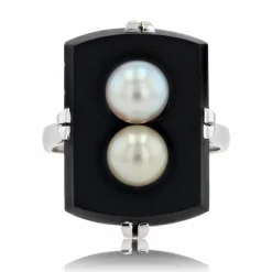 Bague onyx et ses perles de culture grise et dorée