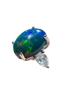 Bague Opale noire, diamant, or blanc