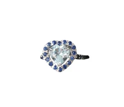 Bague or blanc aigue-marine entourage saphirs
