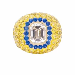 Bague or blanc, diamant brun 2,57 carats, pierres de couleurs.