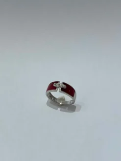 Bague or blanc en résine rouge et diamants