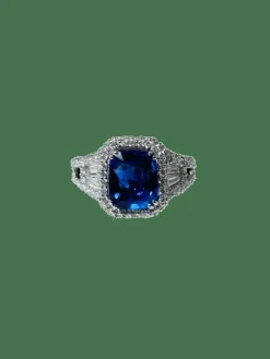 Bague or blanc et diamants brillants, sertie d’un saphir