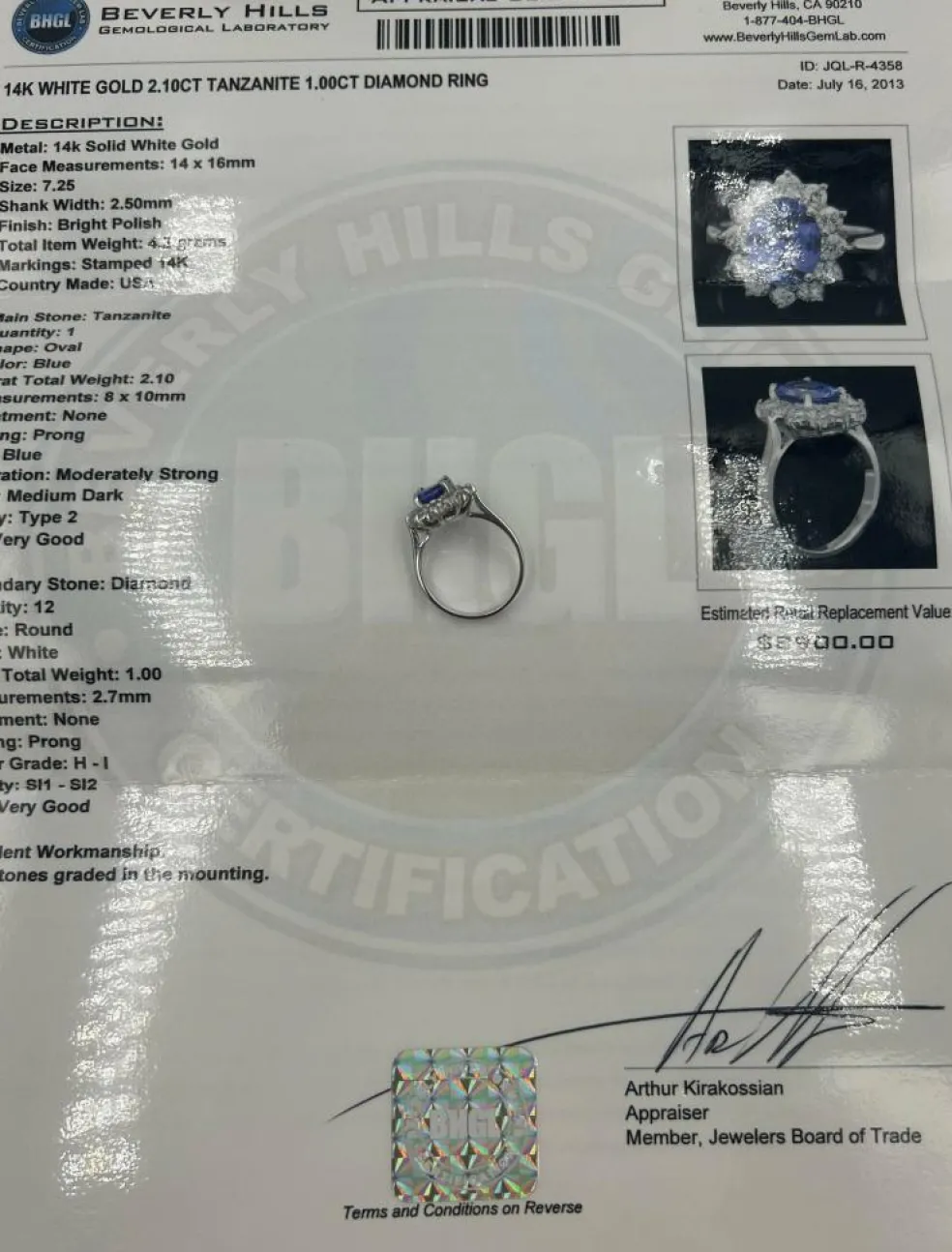 Bague Or Blanc 14K Tanzanite et Diamants