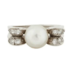 Bague Or blanc Platine Diamants Perle