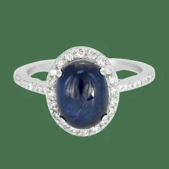 Bague or blanc, saphir cabochon et pavage de diamants