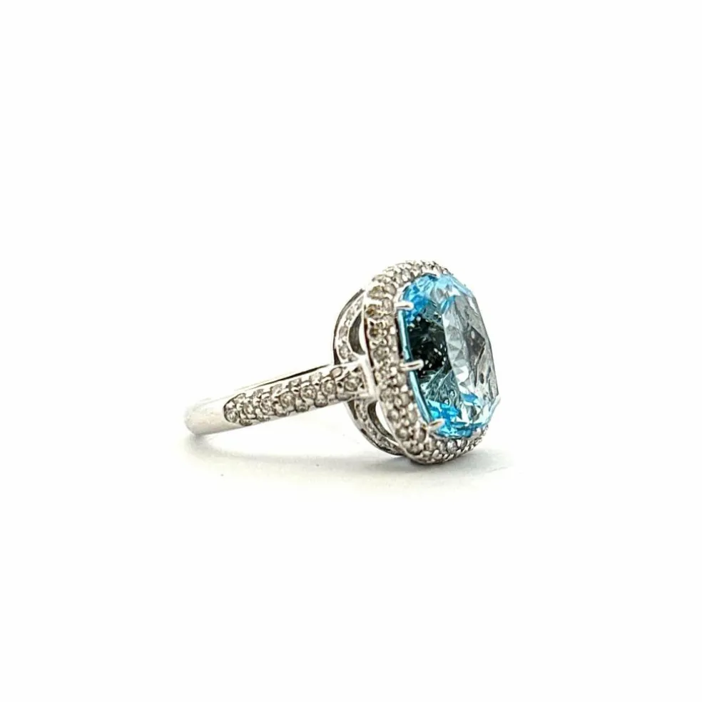 Bague or blanc topaze bleue et diamants