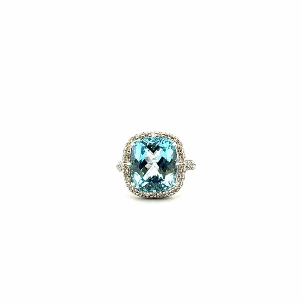 Bague or blanc topaze bleue et diamants