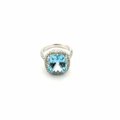 Bague or blanc topaze bleue et diamants