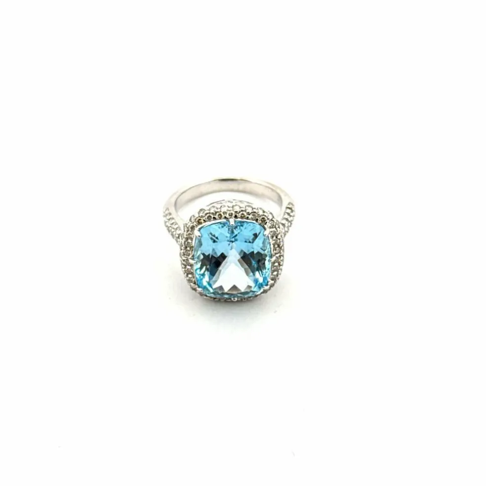 Bague or blanc topaze bleue et diamants