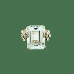 BAGUE OR, DIAMANTS & AIGUE-MARINE.