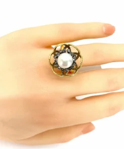 Bague or et argent perle fine et diamants