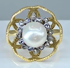 Bague or et argent perle fine et diamants