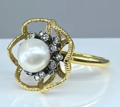Bague or et argent perle fine et diamants