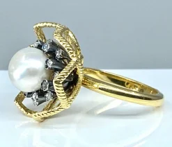 Bague or et argent perle fine et diamants