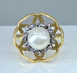 Bague or et argent perle fine et diamants