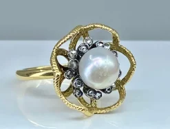 Bague or et argent perle fine et diamants