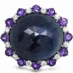 Bague or gris diamants améthystes et saphir