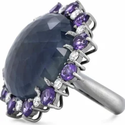 Bague or gris diamants améthystes et saphir