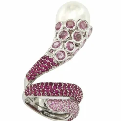Bague or gris saphirs roses perle