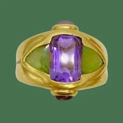Bague or jaune, améthystes, péridots