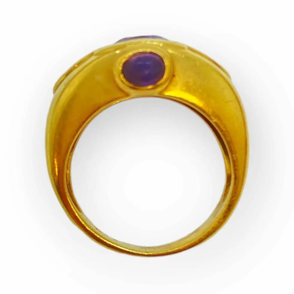 Bague or jaune, améthystes, péridots