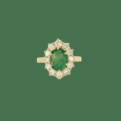 Bague or jaune avec émeraude centrale entourage diamants